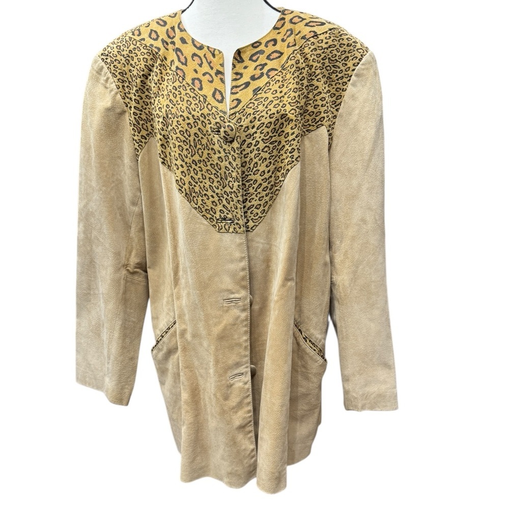 Vintage Jon Lawrence Genuine Leather Suede Khaki and Animal Print Coat, Sz L